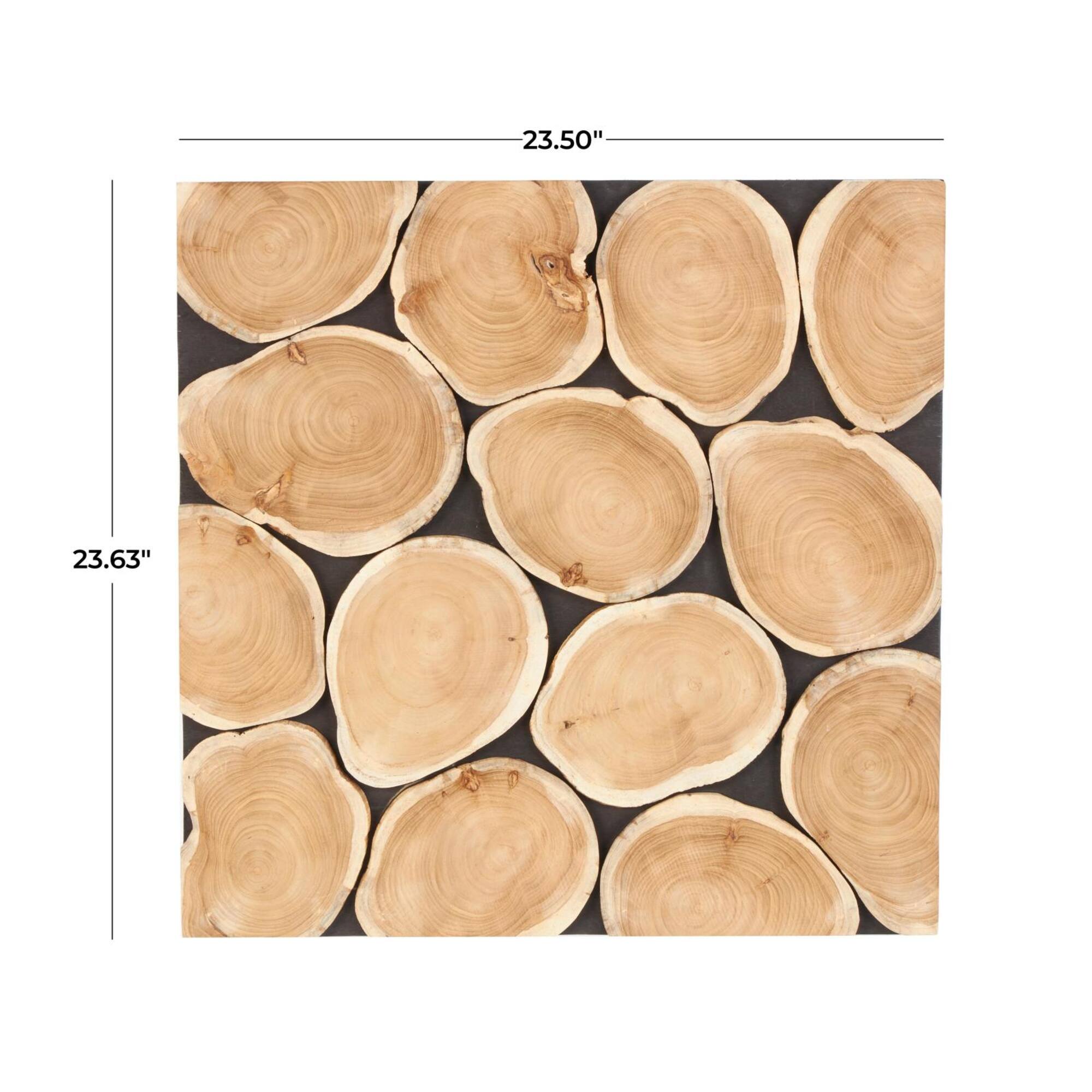 24" x 24" Brown Teak Wood Abstract Handmade Round Mosaic Inspired Wood Slab with Black Backing Wall Décor
